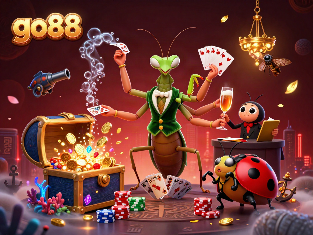 Engage with go88 online gaming as a giant mantis deals cards and shuffles chips in a vibrant casino scene.
