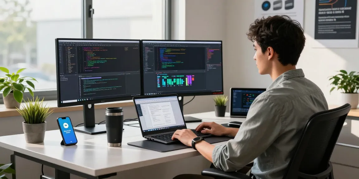 Developer working on a vps setup at a modern desk with dual monitors and code.