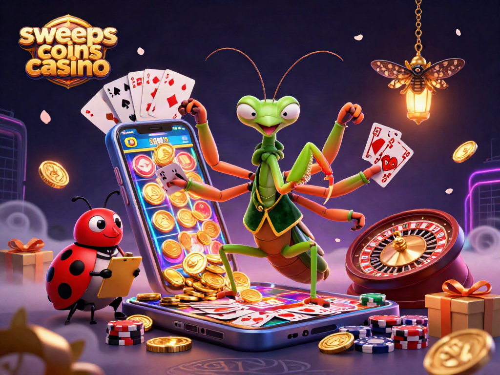 Sweep coins casino scene with a giant praying mantis dealer, ladybug pit boss, and vibrant gambling elements