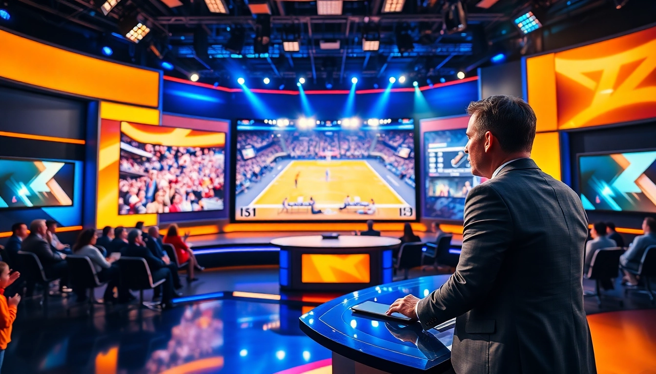 Engaging sports broadcasting set with dynamic elements showcasing live sports action.