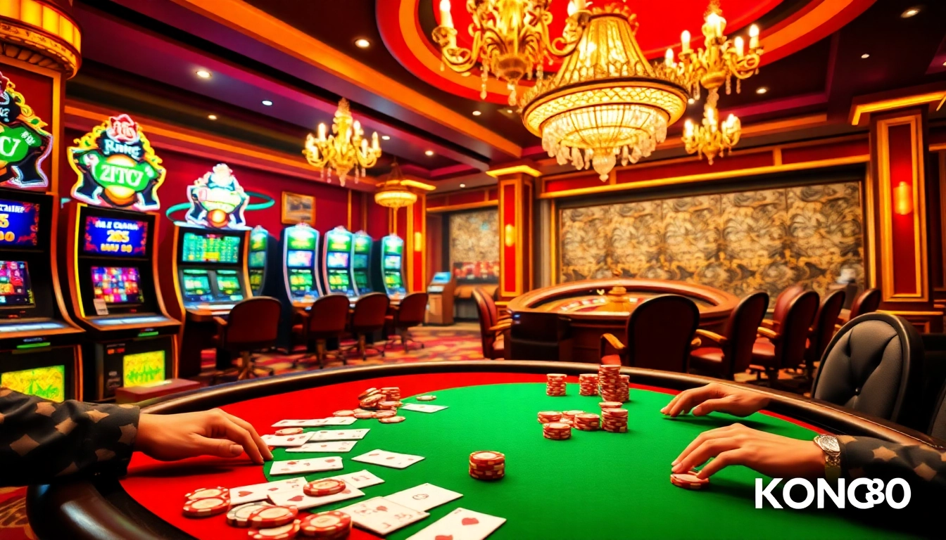 KONG88 players enjoying an exciting moment at a luxury casino with poker chips and roulette.