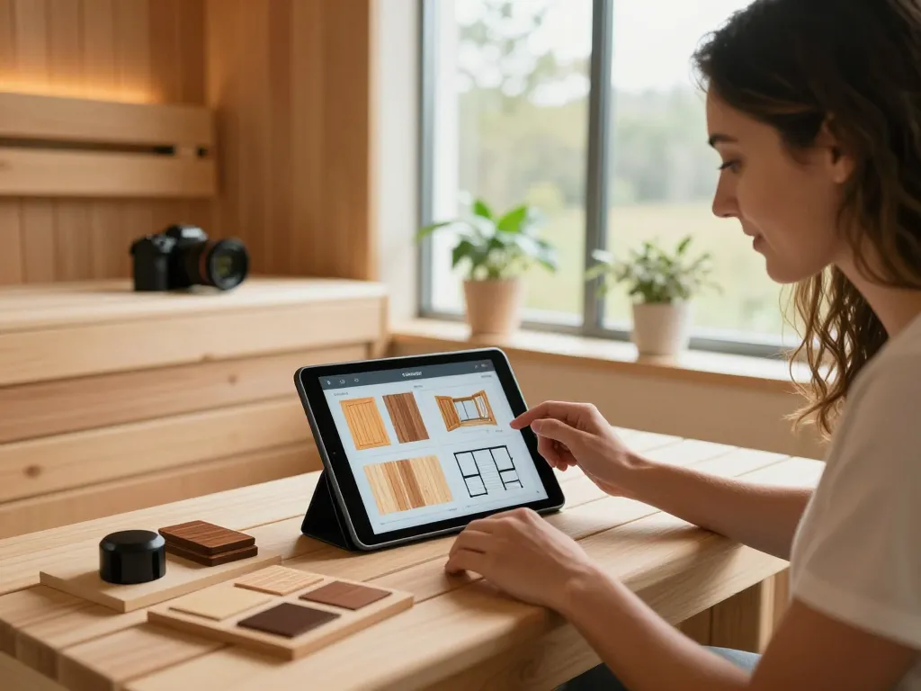Couple engaged in sauna customization using a 3D configurator and wood samples in a cozy home.