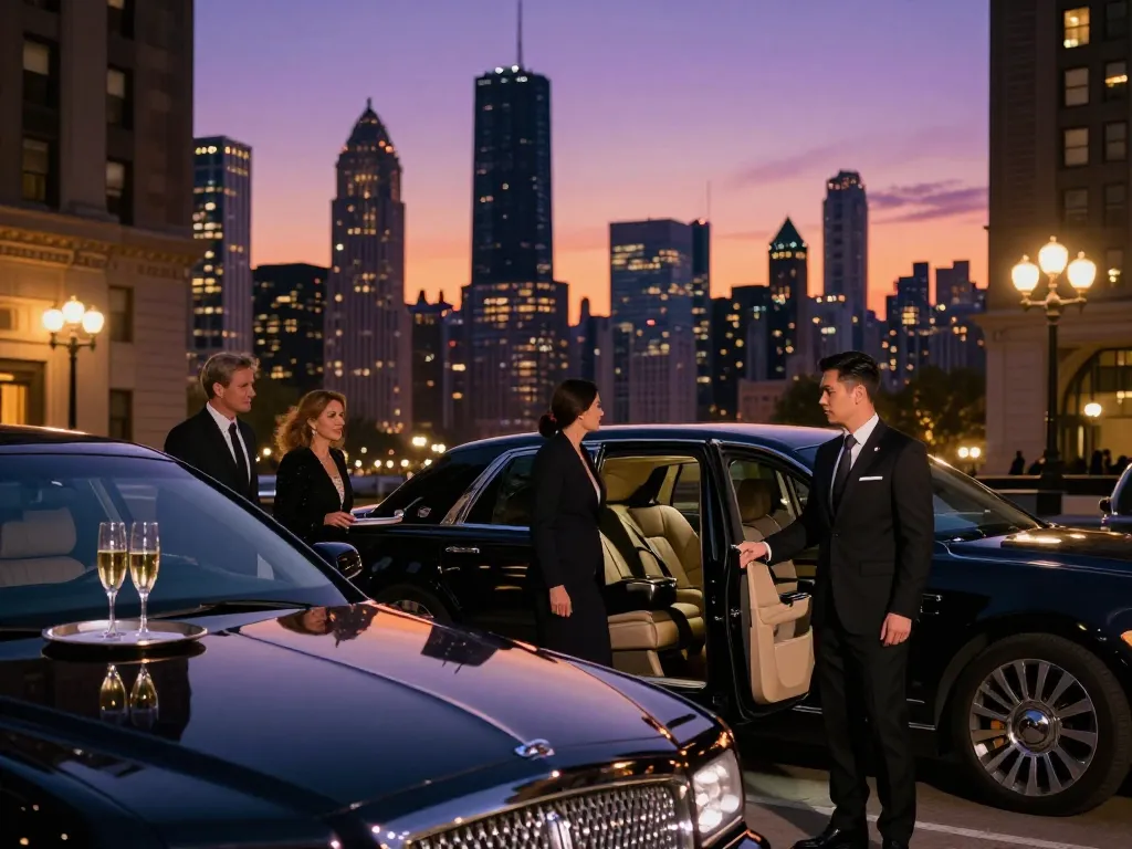 Experience Chicago luxury transportation with a professional chauffeur in front of a high-end hotel during twilight.