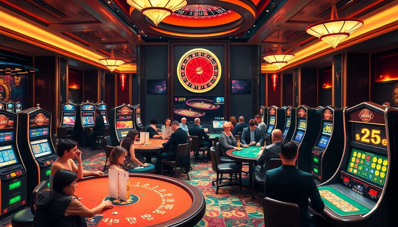 Engaged players at a luxurious casino highlight nhà cái zbet's online interface, showcasing exciting gambling activities.