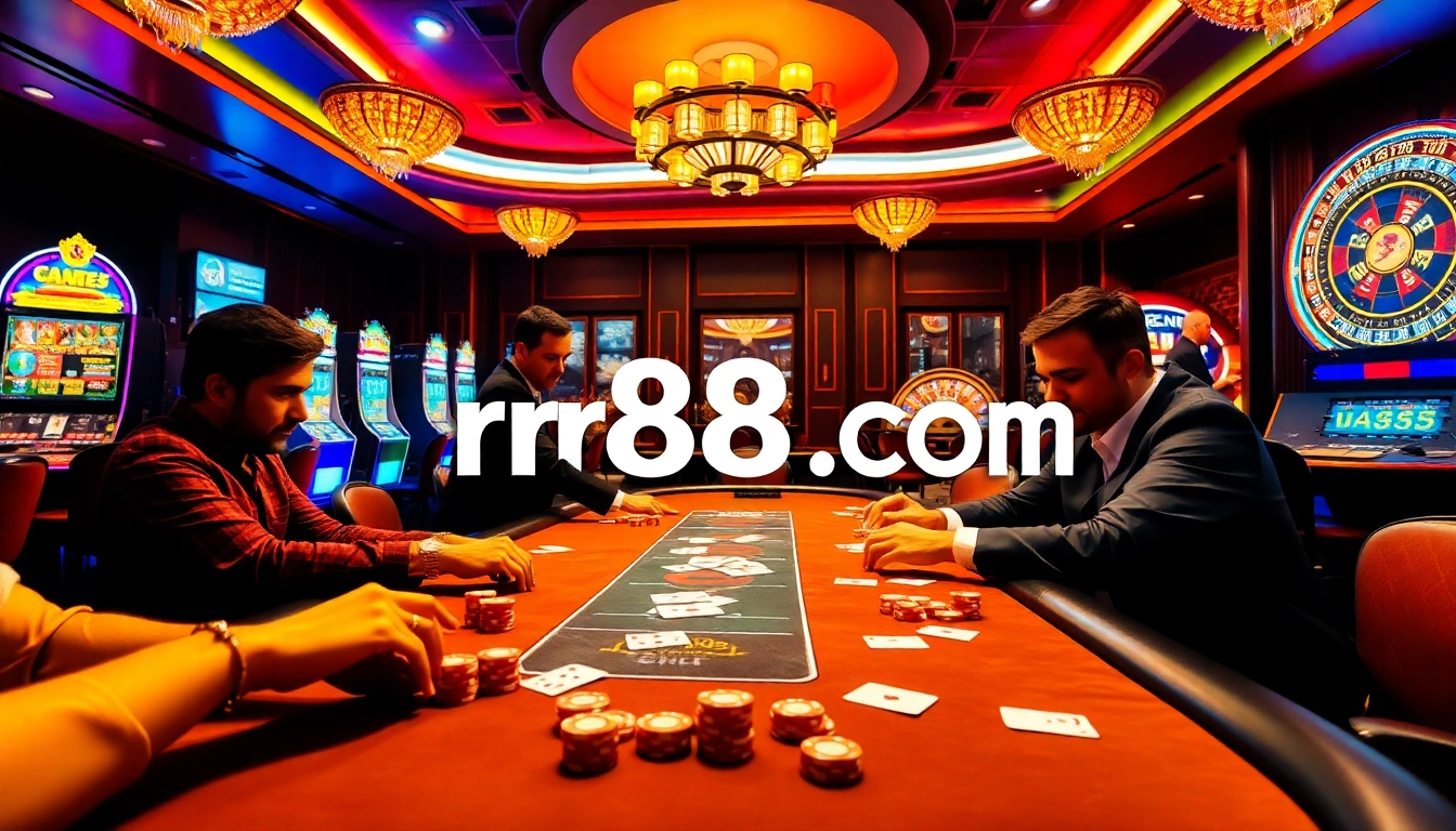 Excited players betting at a luxurious poker table showcasing rr88 com in a vibrant casino environment.