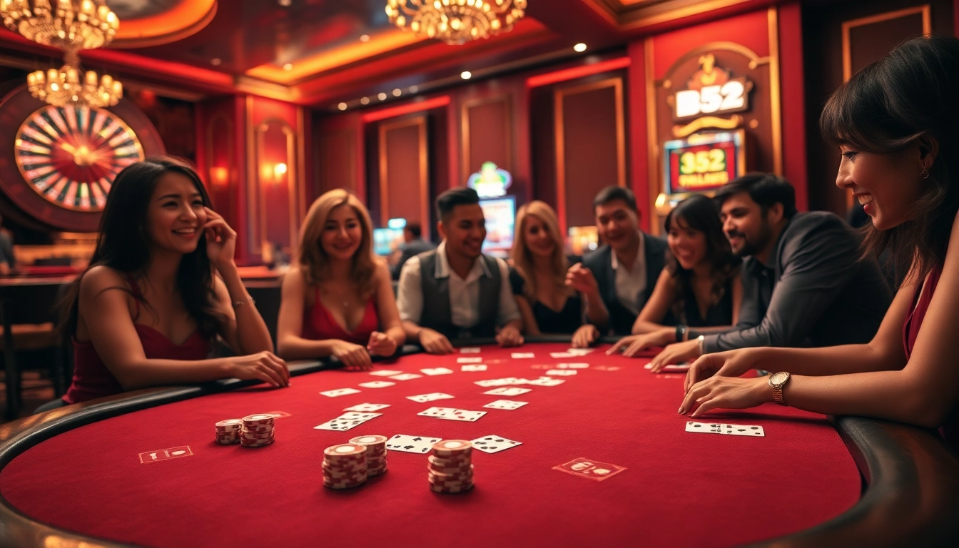 B52's poker game scene with vibrant chips and cards, showcasing excitement and engagement in a luxury casino.