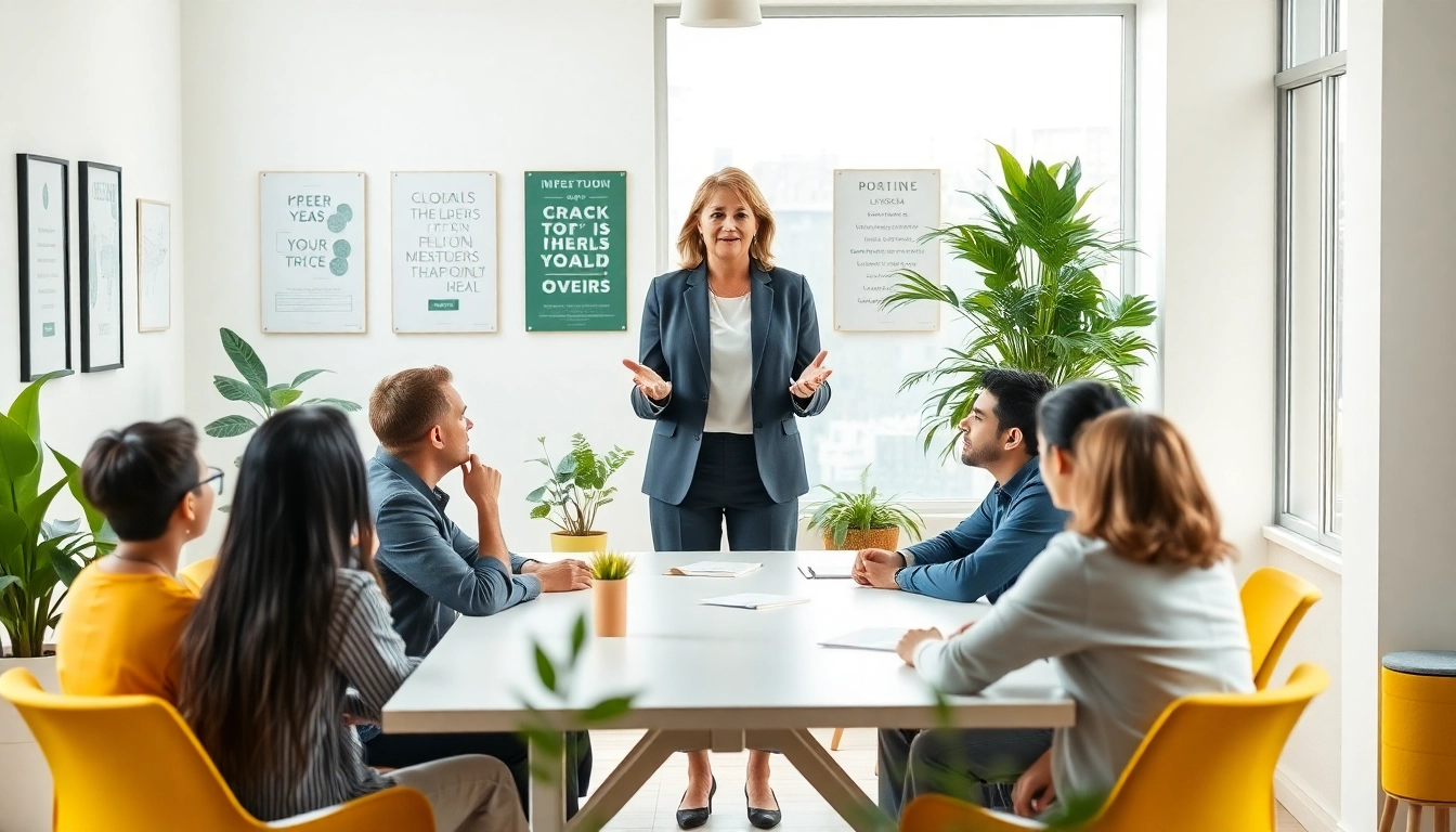 Engaging leadership coach facilitating a dynamic workshop in a modern office space.