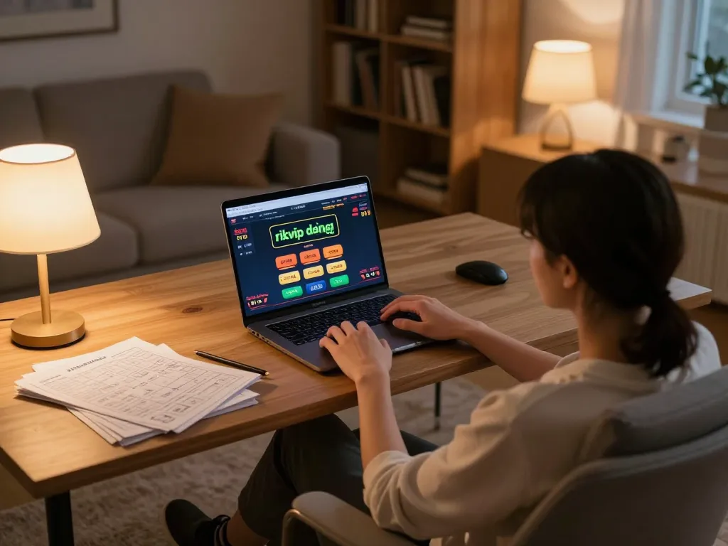 Engaging in online gambling with rikvip đăng nhập on a laptop during a cozy evening