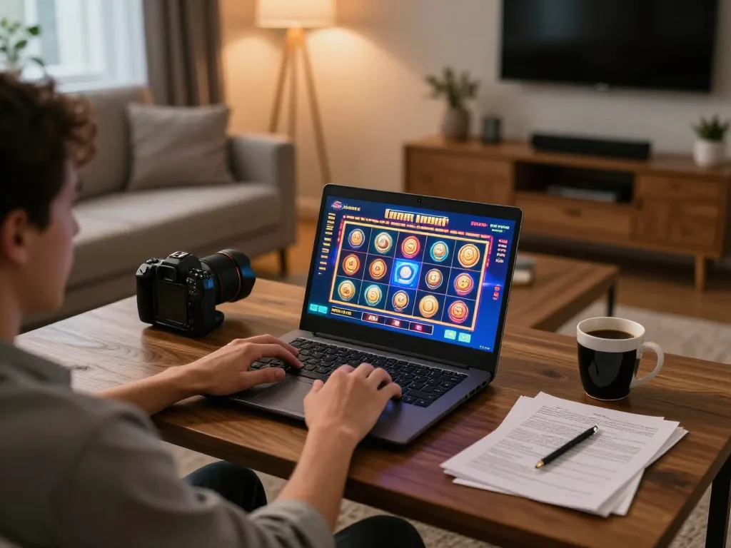 Enjoying a thrilling game on tg88 with vibrant slots interface from a cozy home gaming setup.