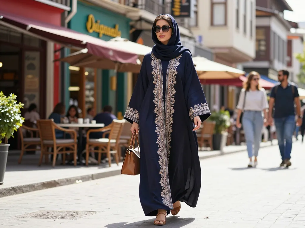Fashionable woman in a stylish Turkish abaya walking in a vibrant urban setting.