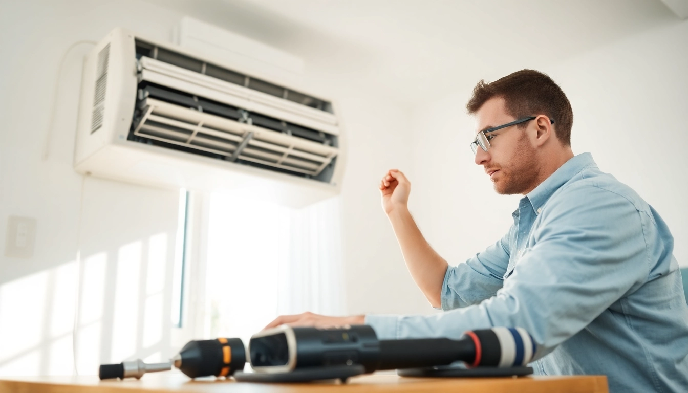 Fixing air conditioning repair Tampa in a sunny living room with a technician and tools.