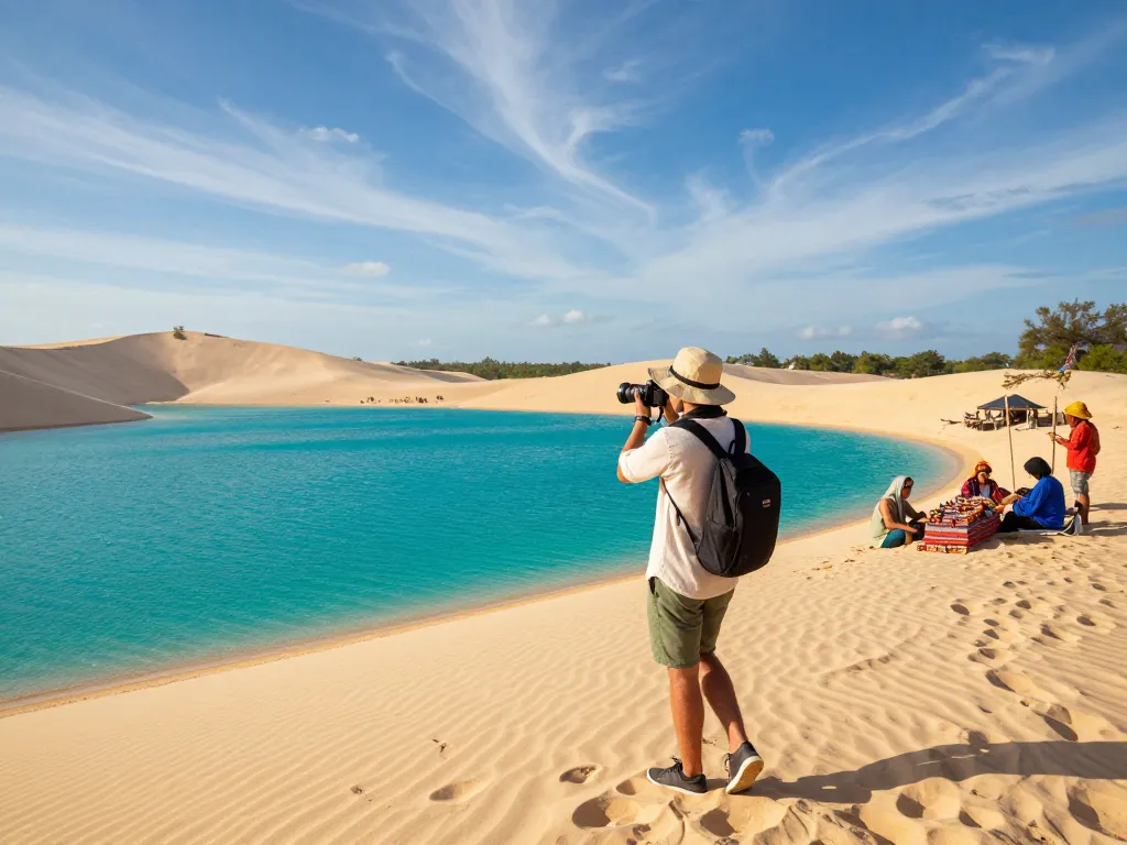 Experience Blue Lake Bintan as a traveler captures the stunning turquoise waters and unique sand dunes.