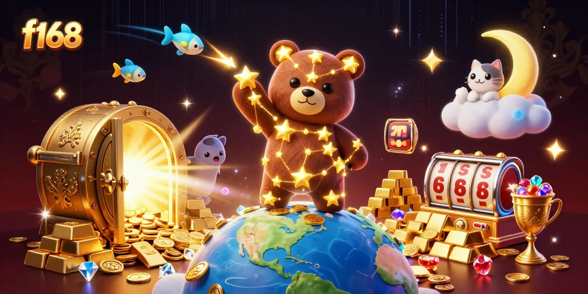 Join the f168 adventure with a constellation bear scooping coins in a vibrant casino scene.