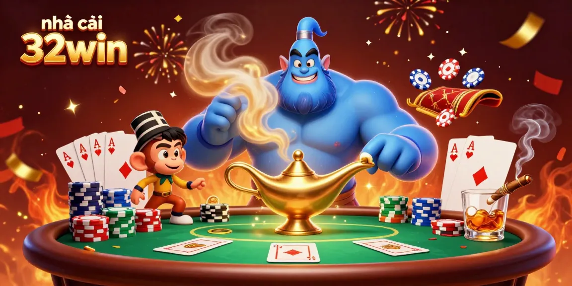 Discover thrilling action at nhà cái 32win with a vibrant 3D casino scene featuring poker elements.