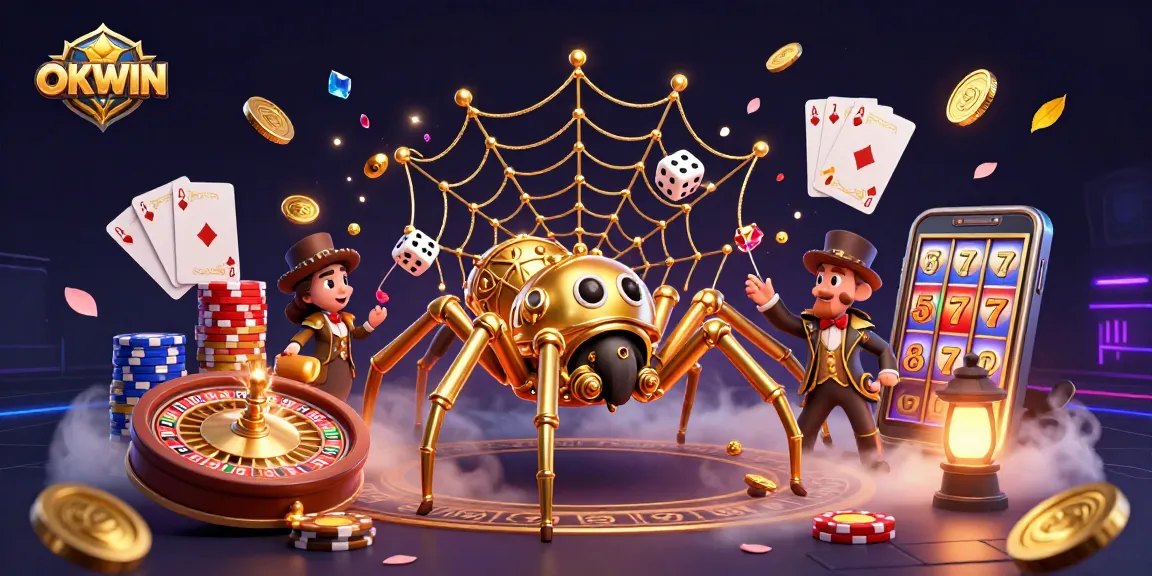 OKWIN captivates players with a lively steampunk scene featuring cascading coins and winning elements.