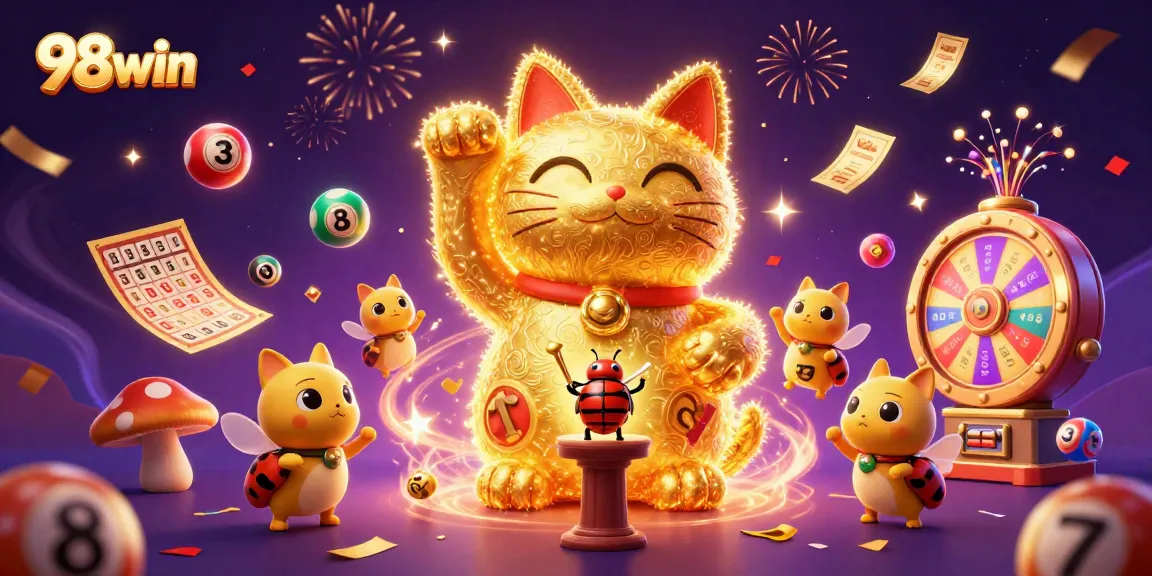 Experience the thrill of wins at 98win with a vibrant, lucky cat-themed casino scene.