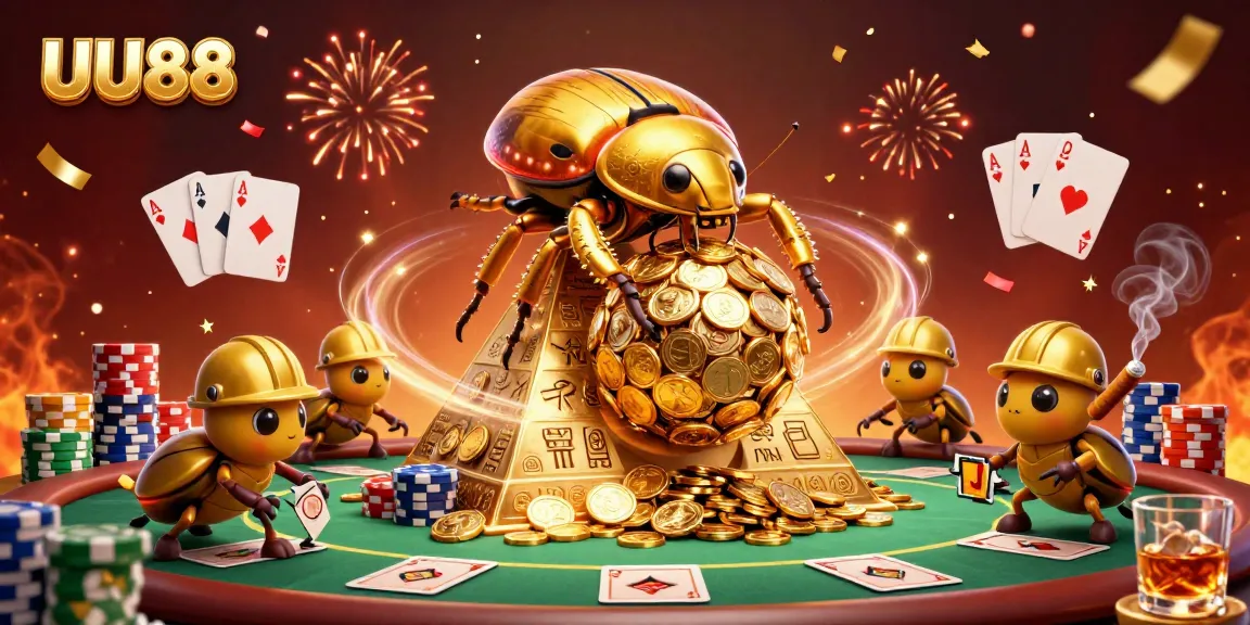 Engage with UU88's vibrant casino theme featuring a golden dung beetle and dynamic poker elements.
