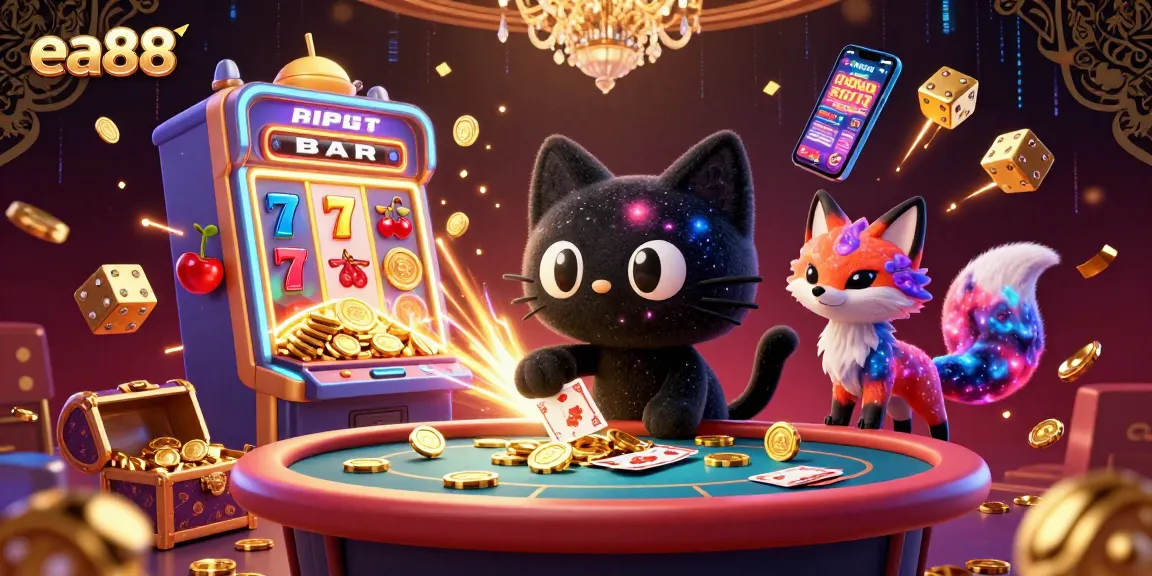 Experience vibrant gaming excitement with ea88's cosmic casino scene featuring a black hole cat and nebula fox.
