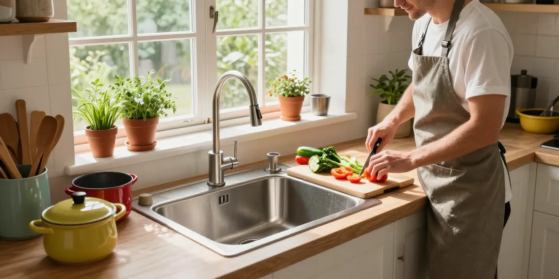 Modern kitchen sink in stainless steel with fresh ingredients on the counter