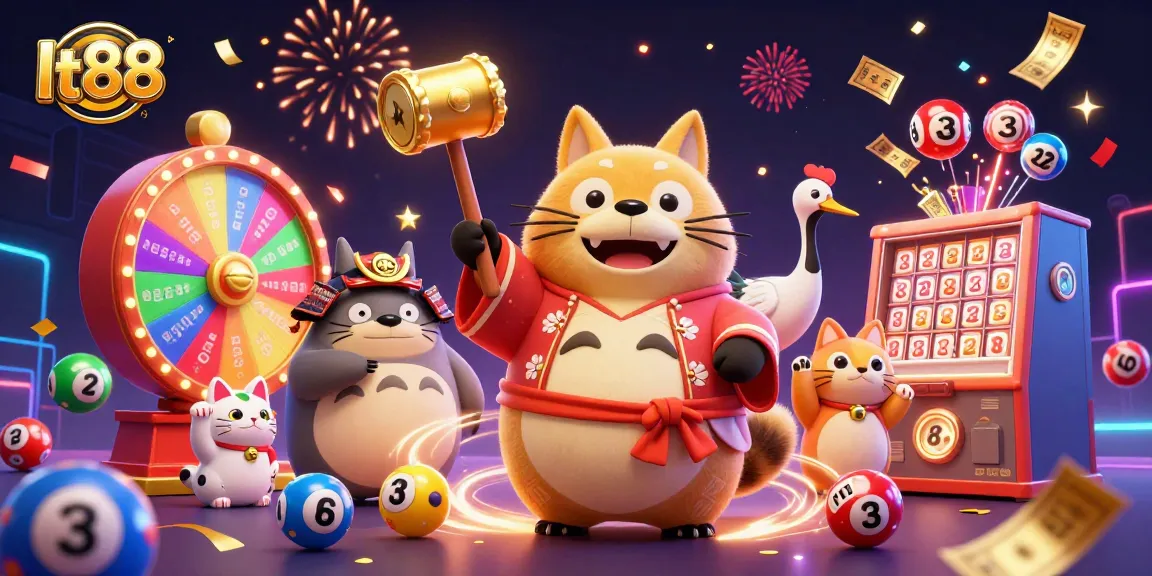 lt88 players enjoying exciting lottery spins with cheerful raccoon and lucky cats