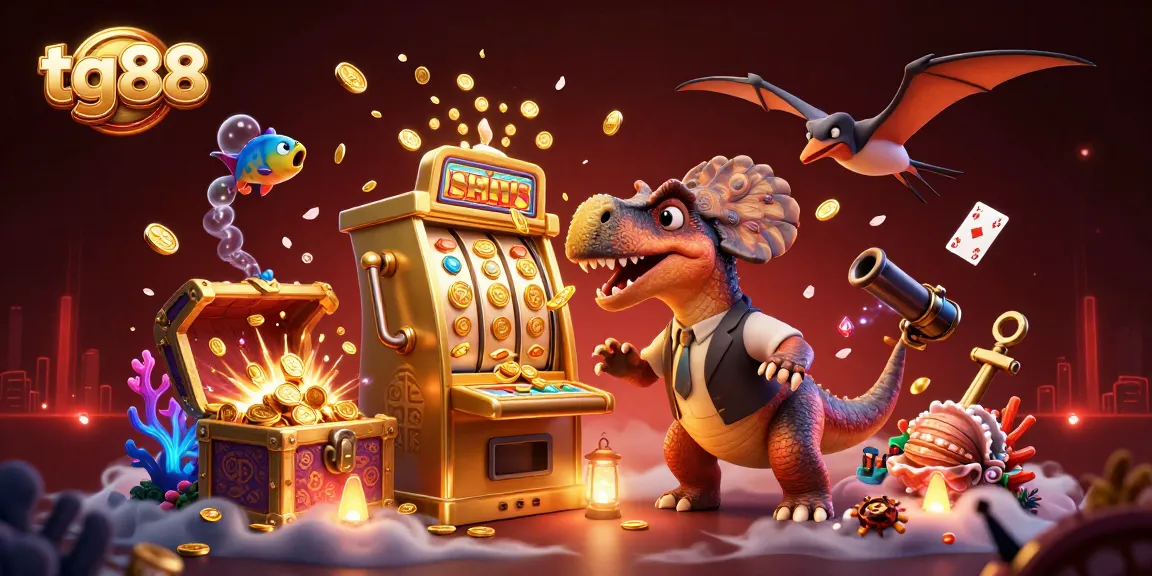 tg88 gamers enjoy jackpots as a pachycephalosaurus interacts with a slot machine, while coins soar around.