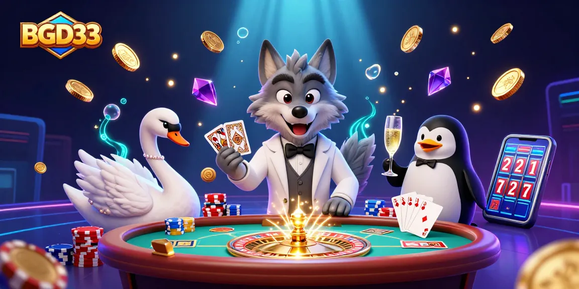 BGD33 delivers an exciting casino scene featuring a wolf at a baccarat table, swan dealer, and penguin sommelier.
