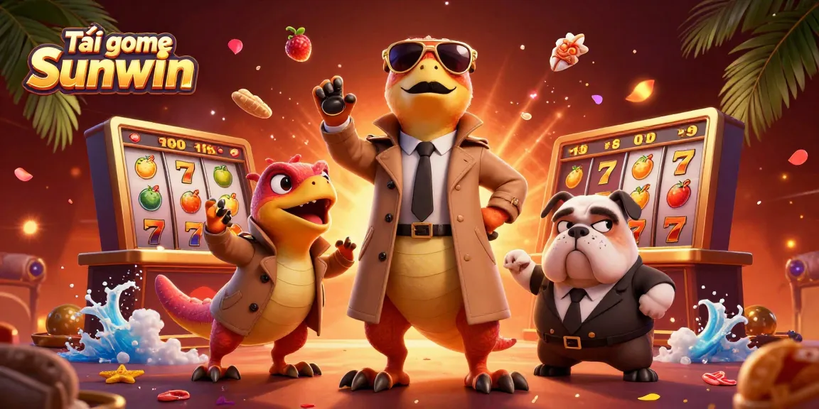 Tải game Sunwin with 3D cartoon raptors entering a casino lounge scene filled with dynamic gaming elements.