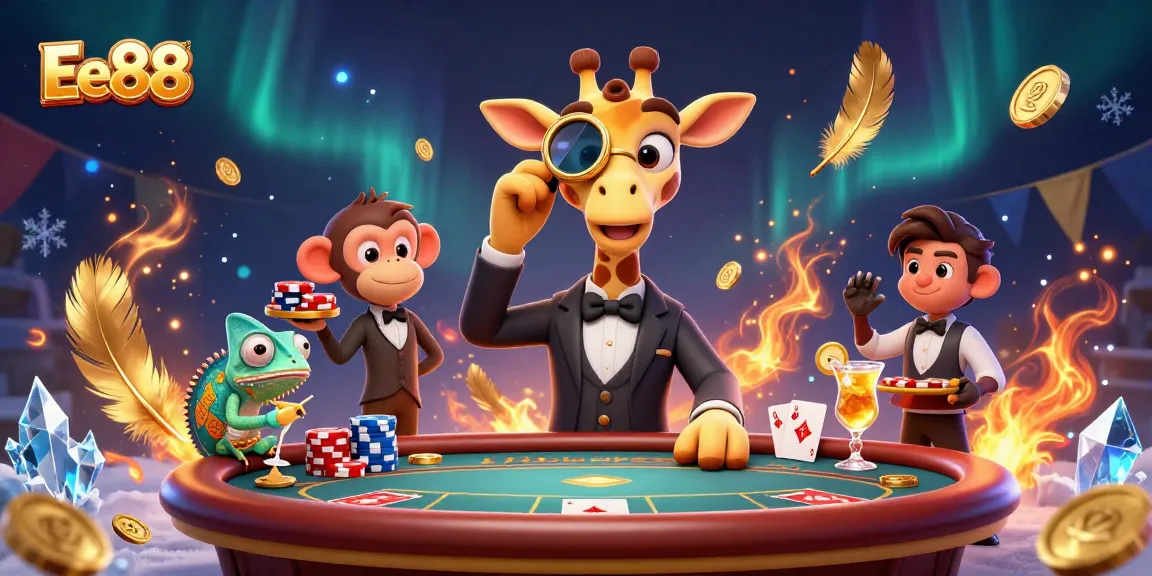 Experience the thrilling world of Ee88 casino with a high-roller giraffe and monkey valet betting big at the poker table.