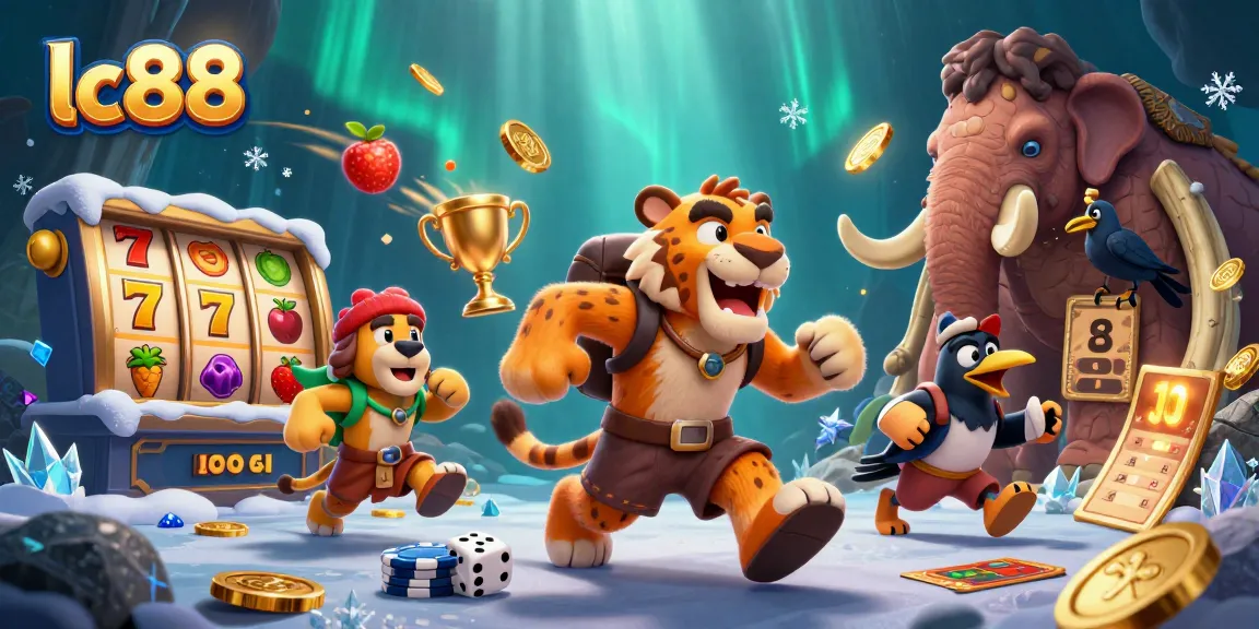 Play thrilling slots at lc88 with dynamic caveman characters in a vibrant casino scene.