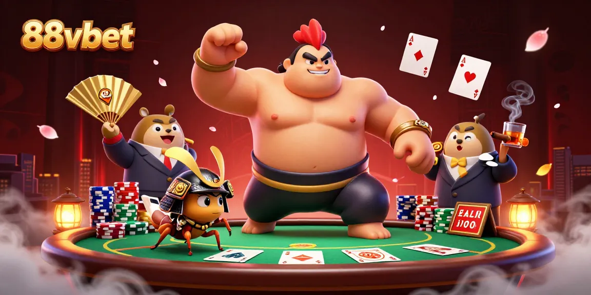 Experience epic gameplay at 88vbet with a powerful sumo rooster and samurai cricket in a vibrant poker setting.