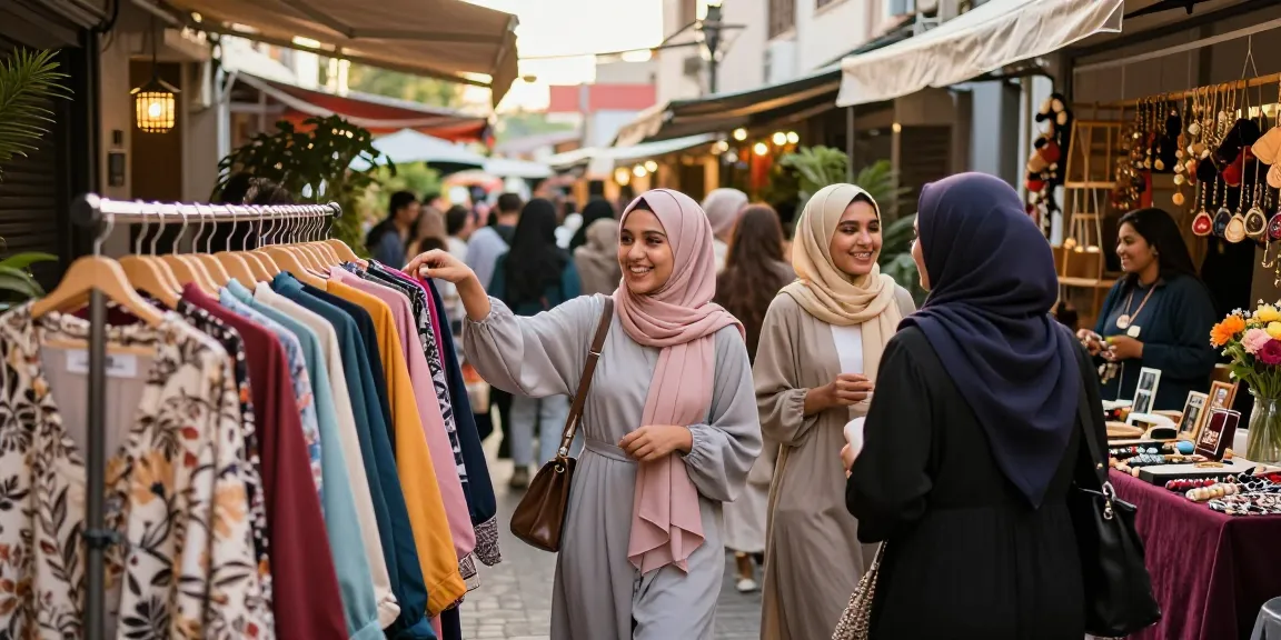 Colorful hijabi store scene with trendy outfits, showcasing community and fashion.