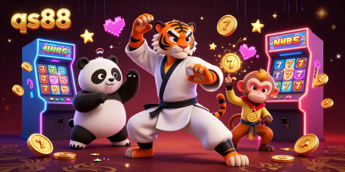 Earn rewards at qs88 with a colorful 3D illustration showcasing vibrant slot machines, a kung fu tiger, and playful casino elements.