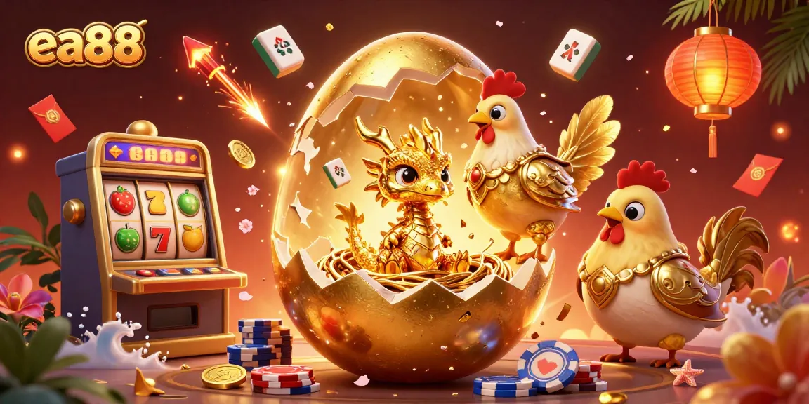 Spin slots and win big with ea88's golden dragon theme amidst festive decorations and game elements.