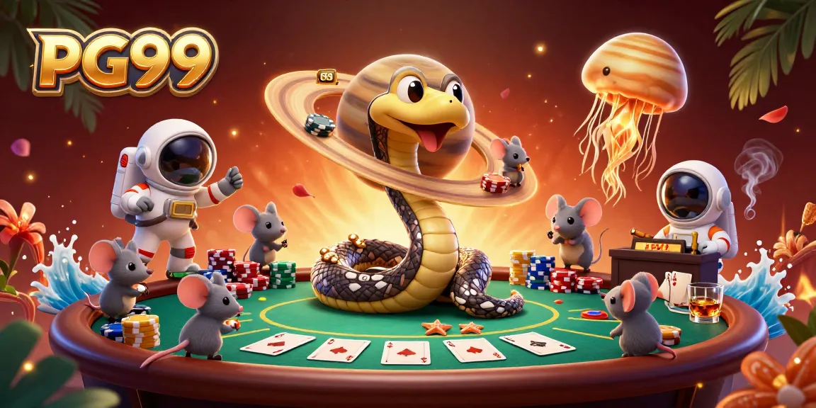 Experience the excitement of PG99 with cosmic elements and vibrant casino features in this immersive illustration.