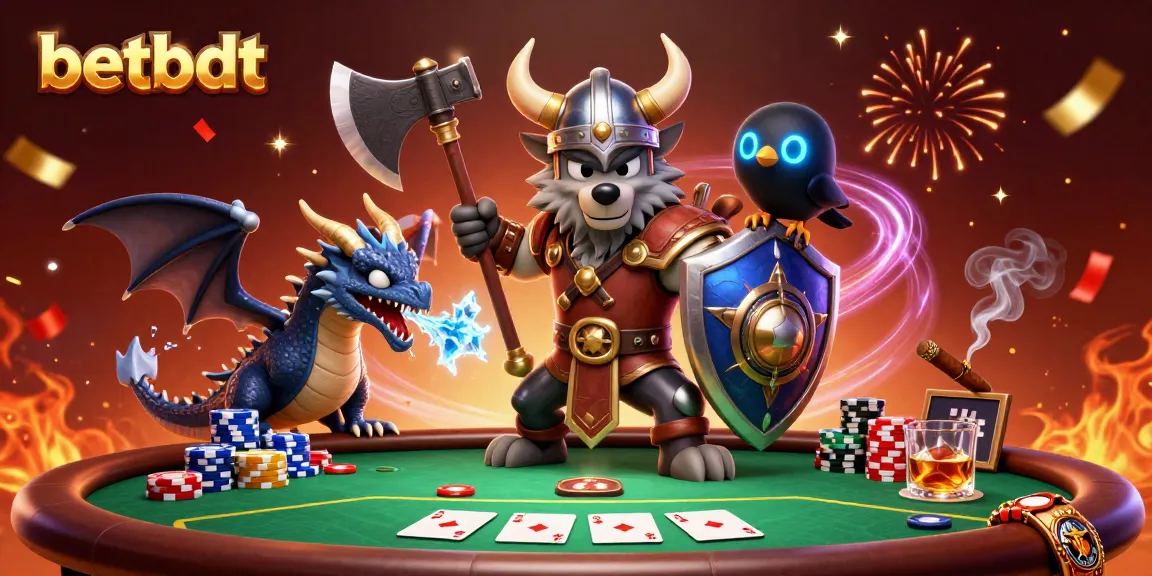 Engage with betbdt's thrilling casino adventure featuring a Viking warrior at a poker table.