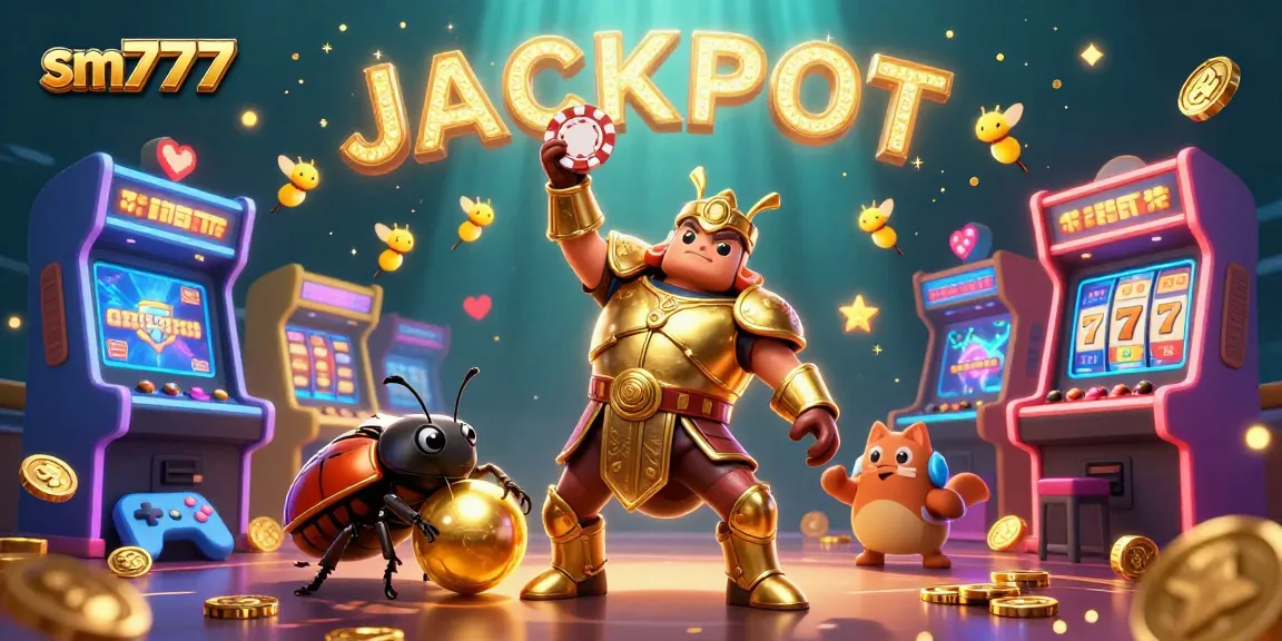 sm777 gaming highlights with victorious beetles and a jackpot backdrop in vibrant casino illustration.