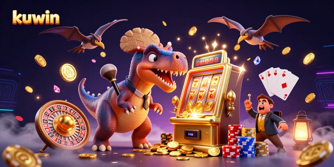 Kuwin strategy casino scene with dynamic characters winning jackpots and coins flying.