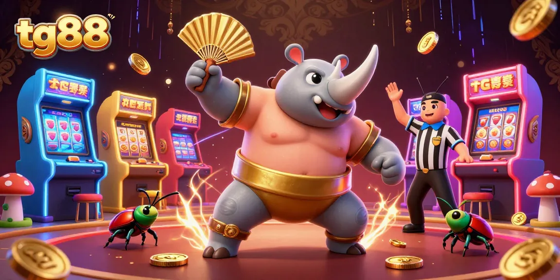 Experience thrilling gameplay at tg88, where a playful beetle champion stomps coins amid vibrant casino elements.