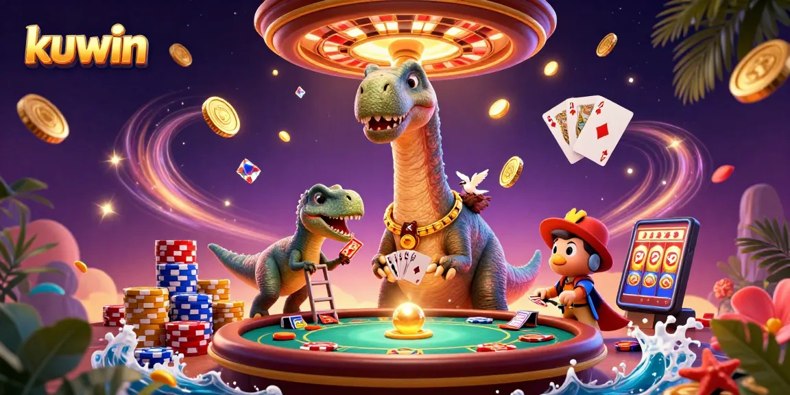 kuwin poker strategy with 3D cartoon dinosaurs at a lively casino table, showcasing vibrant gaming elements