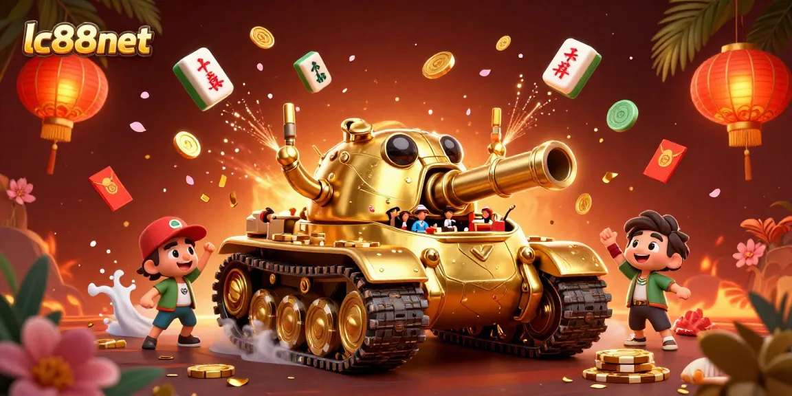 Experience the thrill of lc88net with a vibrant 3D casino battle scene featuring a golden beetle tank.