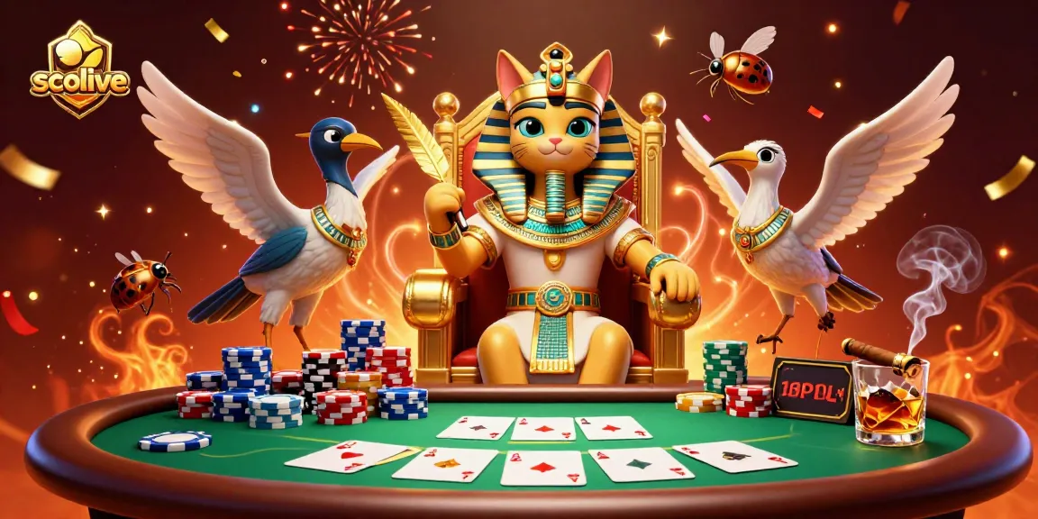 Socolive showcases a vibrant scene of a cartoon Egyptian pharaoh cat amidst poker elements and festive effects.
