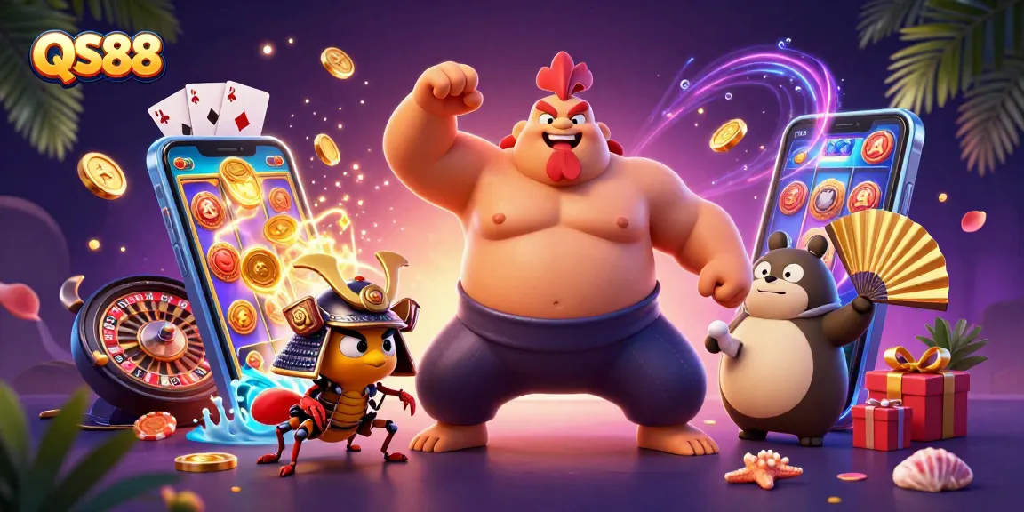 QS88 features a powerful sumo wrestler rooster engaging in a dynamic casino scene, highlighting exciting game elements.