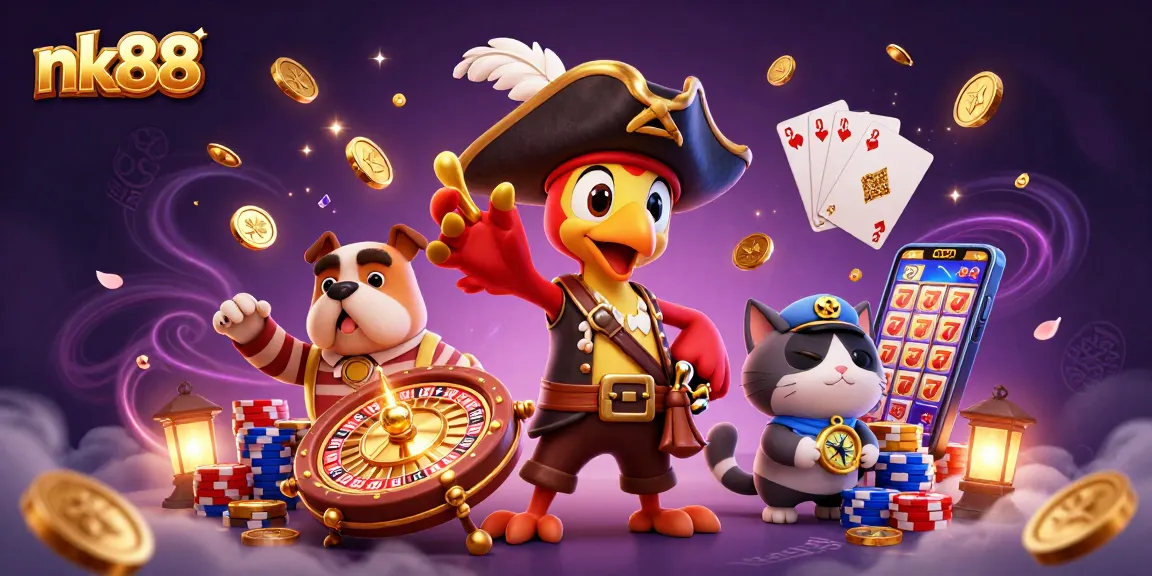 Engage with nk88's vibrant gaming scene featuring a pirate captain, dog, and cat amidst spinning roulette and coins.