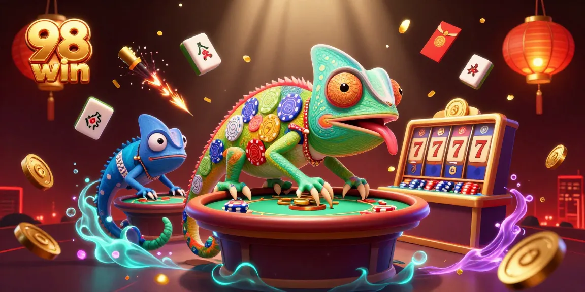98win's colorful casino scene illustrates an exciting gaming adventure with a chameleon owner catching coins.