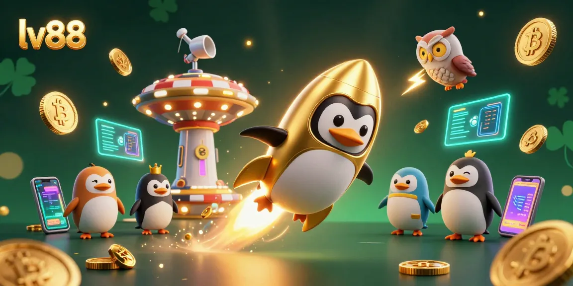 Experience the thrilling adventures of lv88 with a golden penguin navigating a cosmic casino.