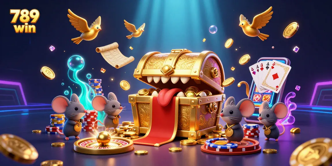 Join the thrill of 789 win with a vibrant scene of a treasure chest, coins, and gaming elements.