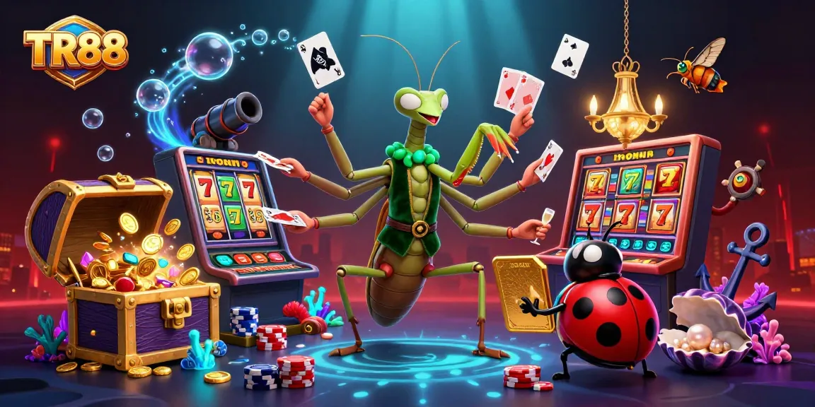 Experience the excitement of TR88 as the manic giant mantis deals cards in a vibrant casino scene.