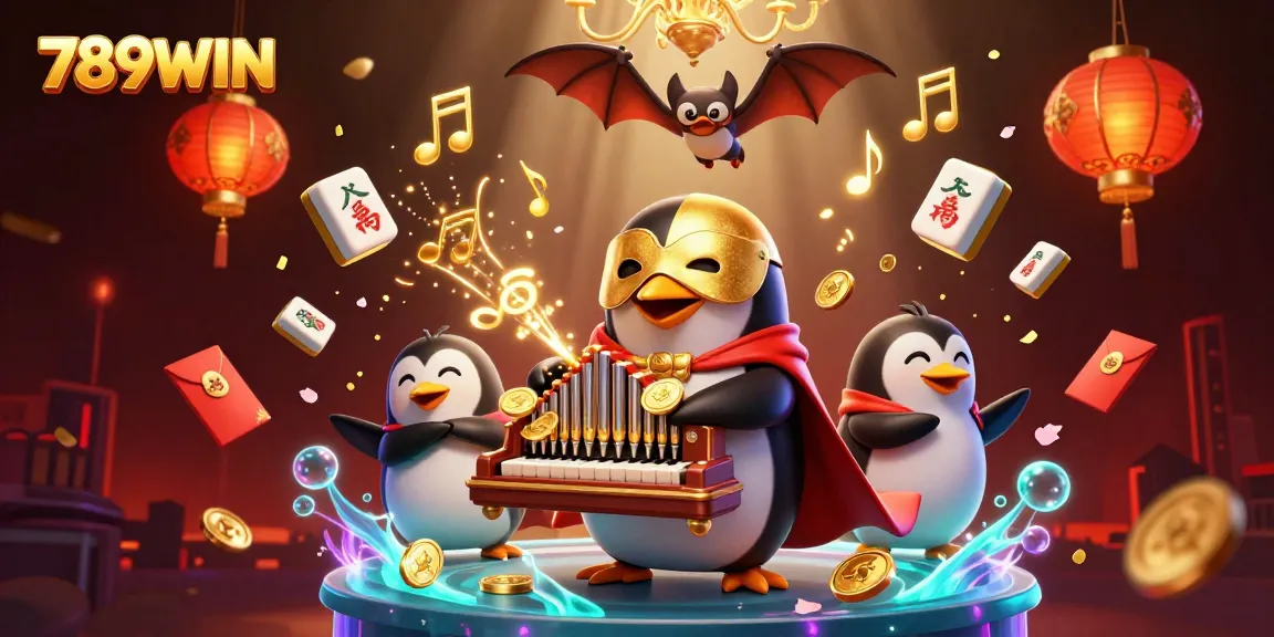 Witness the dynamic 789WIN scene with a penguin organist, acrobatic bat, and golden coins.