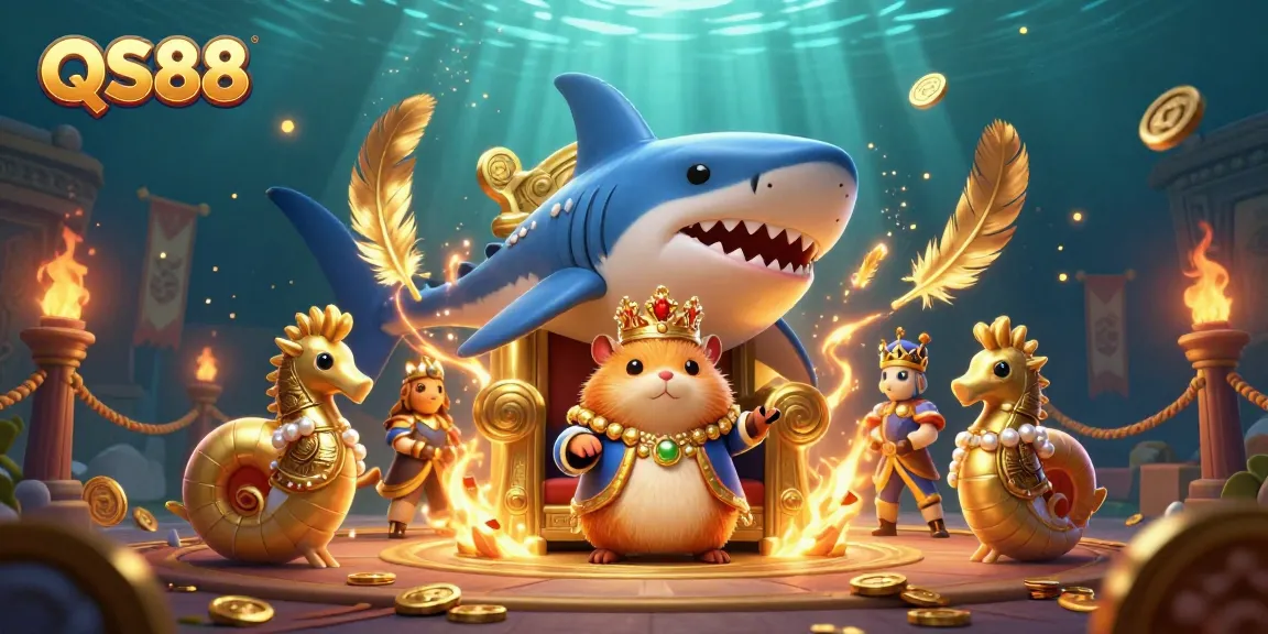 Engage with QS88's vibrant gaming world, featuring a golden hamster king and royal guards amidst thrilling casino elements.