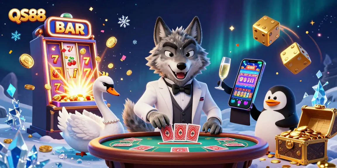 Experience thrilling gaming at QS88 with captivating characters around a vibrant casino scene.